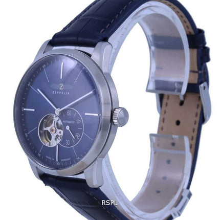 Orologio da uomo Zeppelin Flatline cuore aperto quadrante blu cinturino in pelle automatico 7364-3 73643