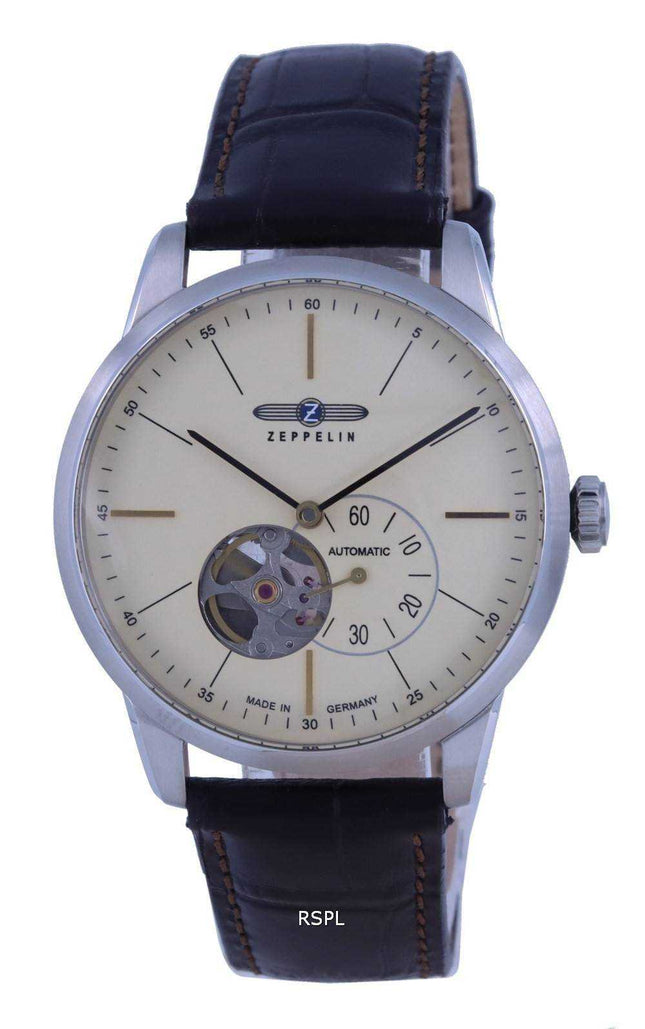 Orologio da uomo Zeppelin Flatline con quadrante color crema a cuore aperto automatico 7364-5 73645 Orologio da uomo