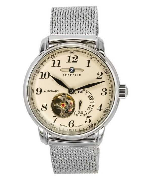 Zeppelin LZ 127 Graf acciaio inossidabile cuore aperto quadrante beige orologio automatico da uomo 7666M5