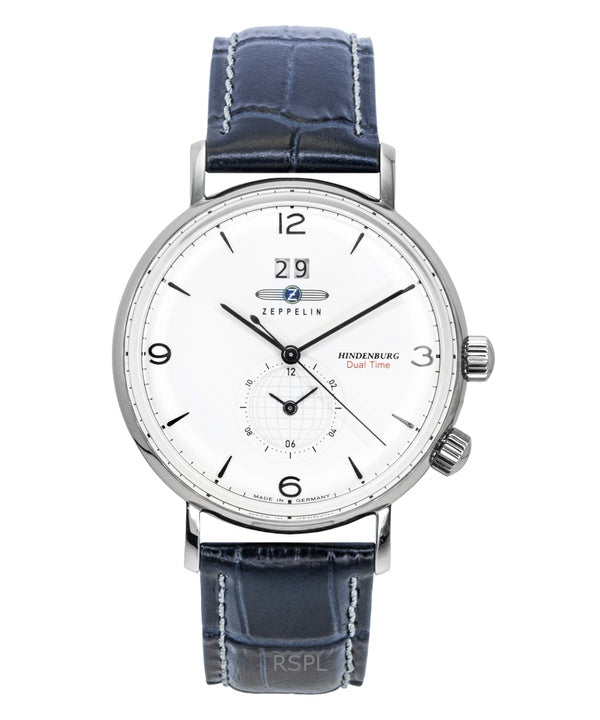 Orologio da uomo Zeppelin Hindenburg con cinturino in pelle blu e quadrante bianco al quarzo 80441