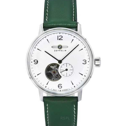 Zeppelin LZ129 Hindenburg cinturino in pelle verde Open Heart quadrante bianco automatico 80661N orologio da uomo