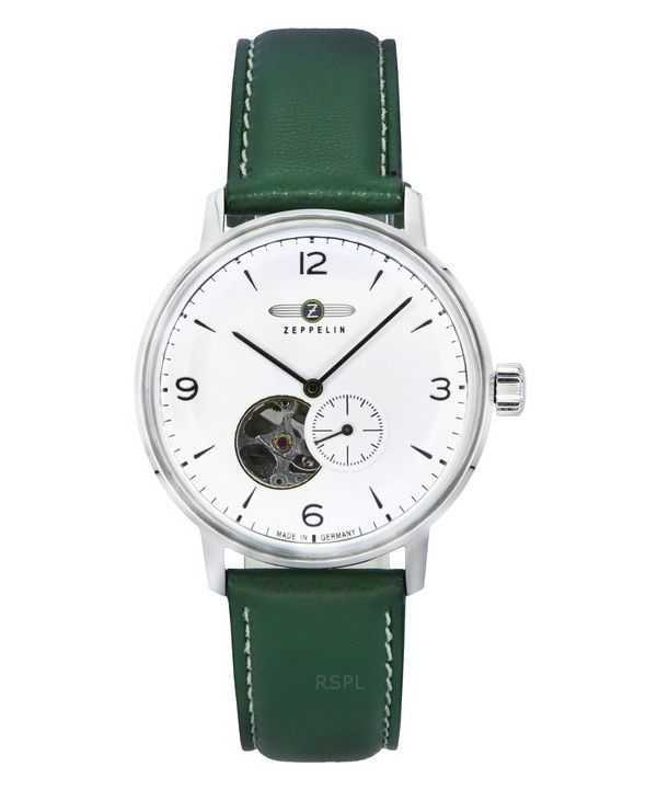 Zeppelin LZ129 Hindenburg cinturino in pelle verde Open Heart quadrante bianco automatico 80661N orologio da uomo