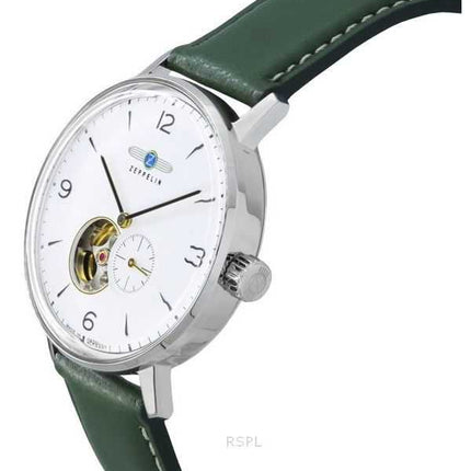 Zeppelin LZ129 Hindenburg cinturino in pelle verde Open Heart quadrante bianco automatico 80661N orologio da uomo