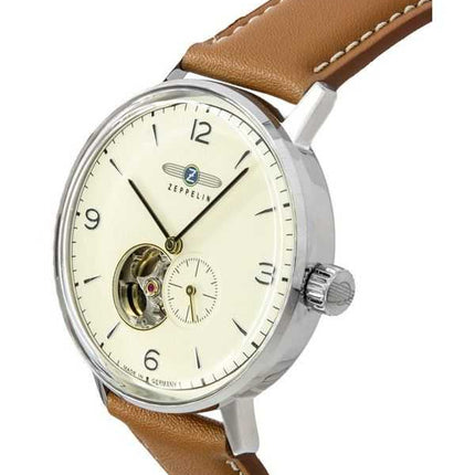 Orologio da uomo Zeppelin LZ129 Hindenburg con cinturino in pelle a cuore aperto quadrante beige automatico 80665N