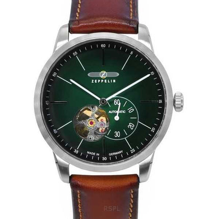 Orologio da uomo Zeppelin Flatline con cinturino in pelle verde e quadrante a cuore aperto automatico 83644