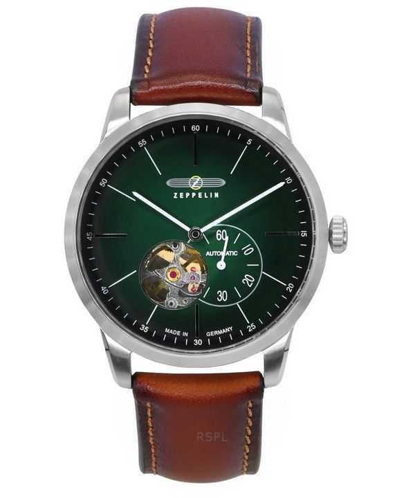 Orologio da uomo Zeppelin Flatline con cinturino in pelle verde e quadrante a cuore aperto automatico 83644