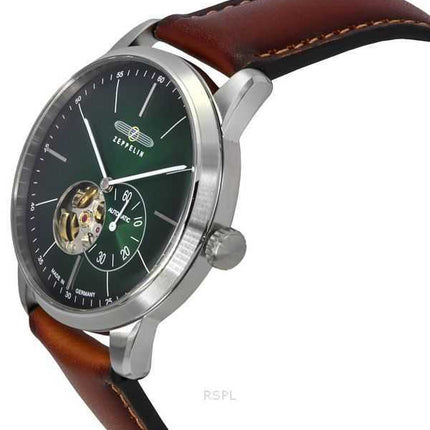 Orologio da uomo Zeppelin Flatline con cinturino in pelle verde e quadrante a cuore aperto automatico 83644