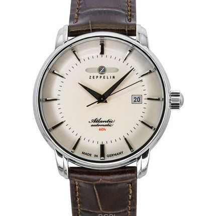 Orologio da uomo Zeppelin Atlantic con cinturino in pelle e quadrante beige completamente luminoso, automatico, 84605