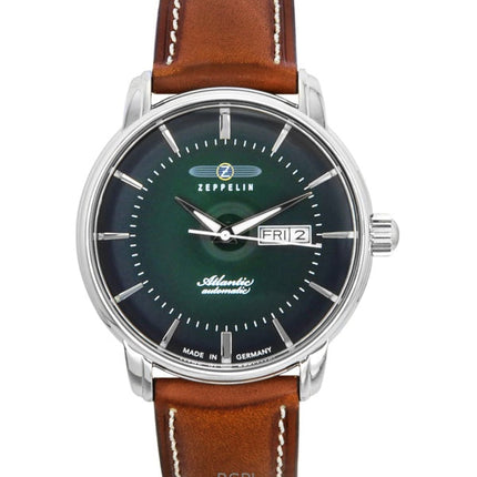 Orologio da uomo Zeppelin Atlantic con cinturino in pelle marrone e quadrante verde automatico 84664