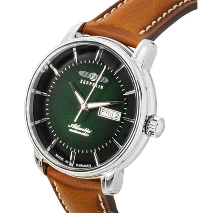 Orologio da uomo Zeppelin Atlantic con cinturino in pelle marrone e quadrante verde automatico 84664