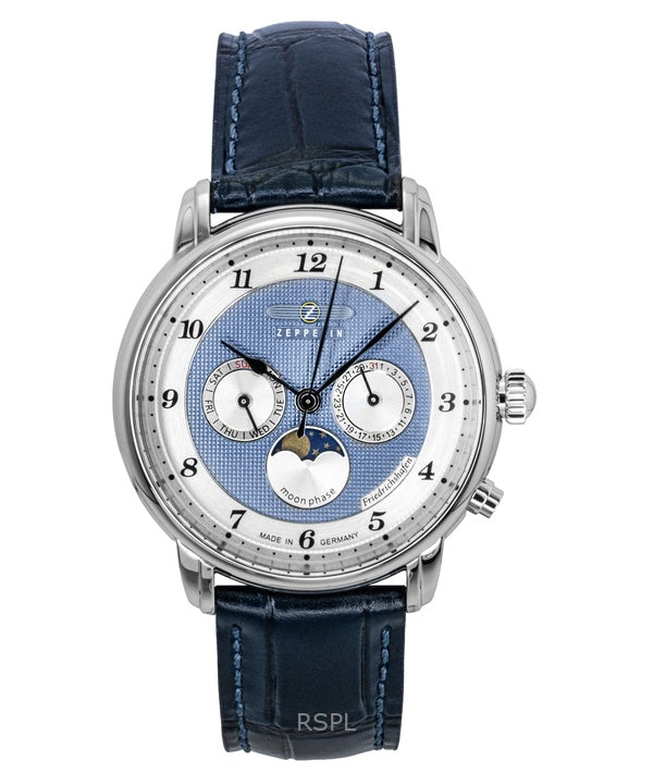 Orologio da uomo Zeppelin Friedrichshafen con cinturino in pelle blu e quadrante blu al quarzo 85363
