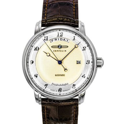 Orologio da uomo Zeppelin Friedrichshafen con cinturino in pelle marrone e quadrante dorato, automatico, 85625