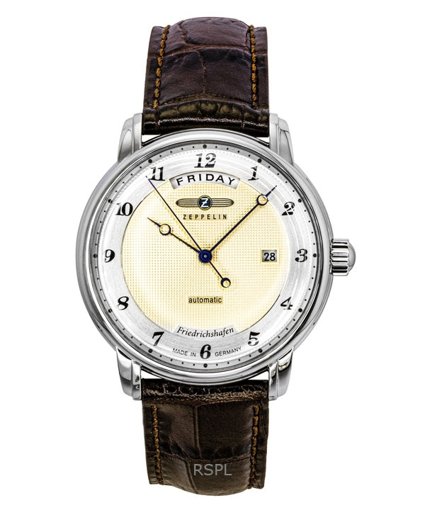 Orologio da uomo Zeppelin Friedrichshafen con cinturino in pelle marrone e quadrante dorato, automatico, 85625