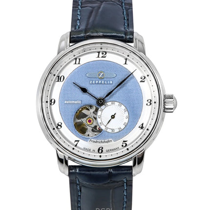 Orologio da uomo Zeppelin Friedrichshafen con cinturino in pelle blu e quadrante a cuore aperto, automatico, 85663