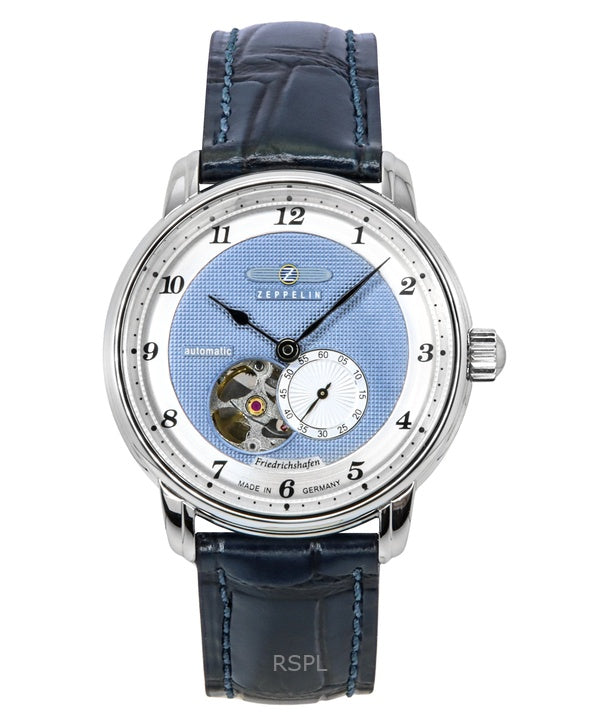 Orologio da uomo Zeppelin Friedrichshafen con cinturino in pelle blu e quadrante a cuore aperto, automatico, 85663