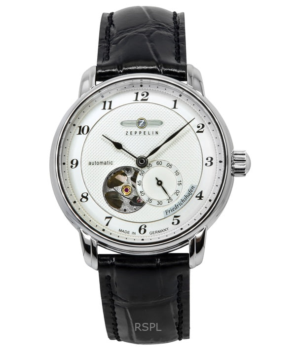 Orologio da uomo Zeppelin Friedrichshafen con cinturino in pelle argento e quadrante a cuore aperto, automatico, 85664