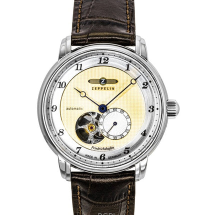 Orologio da uomo Zeppelin Friedrichshafe con cinturino in pelle marrone, quadrante oro e cuore aperto, automatico, 85665