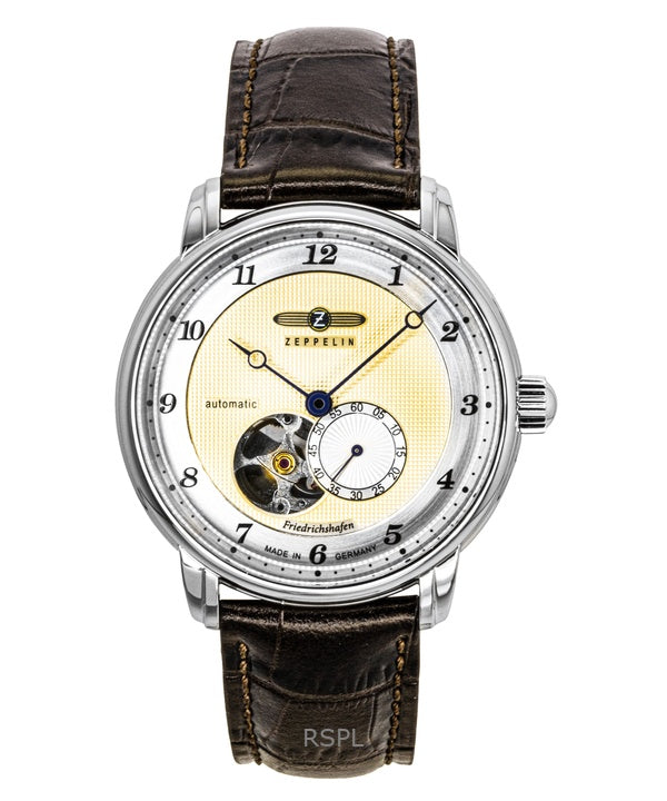 Orologio da uomo Zeppelin Friedrichshafe con cinturino in pelle marrone, quadrante oro e cuore aperto, automatico, 85665