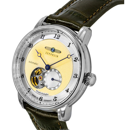 Orologio da uomo Zeppelin Friedrichshafe con cinturino in pelle marrone, quadrante oro e cuore aperto, automatico, 85665