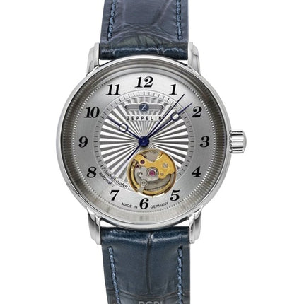 Orologio da uomo Zeppelin Friedrichshafen con cinturino in pelle Open Heart, quadrante argentato, automatico 85671