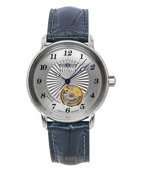 Orologio da uomo Zeppelin Friedrichshafen con cinturino in pelle Open Heart, quadrante argentato, automatico 85671
