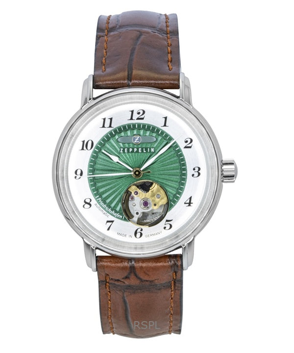 Orologio da donna Zeppelin Friedrichshafen con cinturino in pelle Open Heart e quadrante verde automatico 85672