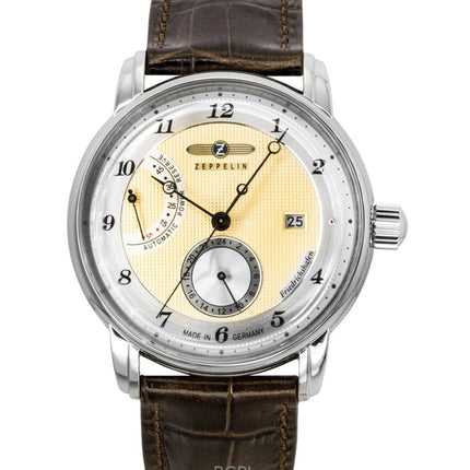 Orologio da uomo Zeppelin Friedrichshafen con cinturino in pelle marrone e quadrante dorato, automatico, 85905