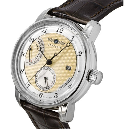 Orologio da uomo Zeppelin Friedrichshafen con cinturino in pelle marrone e quadrante dorato, automatico, 85905