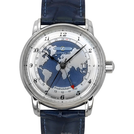 Orologio da uomo Zeppelin Friedrichshafen GMT con cinturino in pelle e quadrante blu automatico 85963