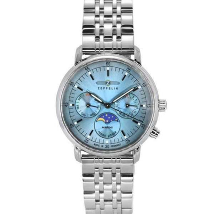 Orologio da donna Zeppelin LZ14 Marine Moonphase in acciaio inossidabile con quadrante blu ghiaccio al quarzo 8637M3