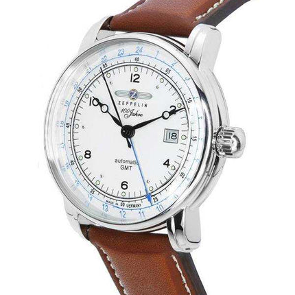 Zeppelin 100 Jahre GMT cinturino in pelle quadrante argento automatico 86661 orologio da uomo