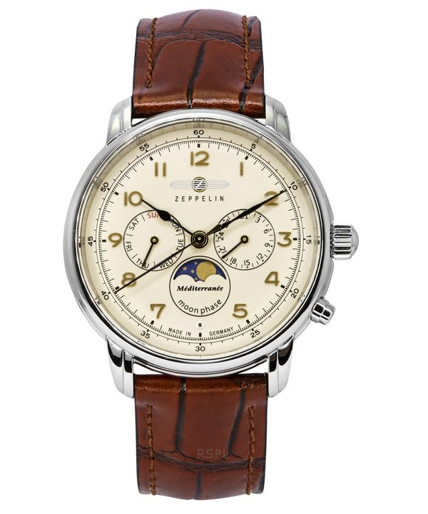 Orologio da uomo Zeppelin Mediterranean Moon Phase cinturino in pelle quadrante beige al quarzo 96365
