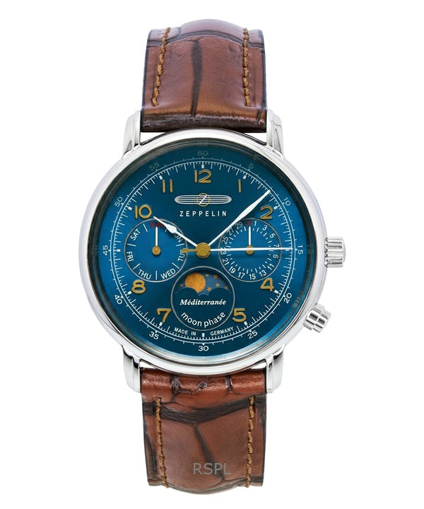 Zeppelin 100 Jahre Mediterranee Moonphase Leather Strap Blue DIal Quartz 96373 Men's Watch