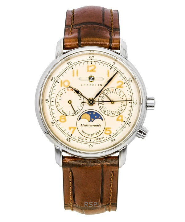 Orologio da uomo Zeppelin Mediterranee Moonphase con cinturino in pelle e quadrante champagne al quarzo 96375