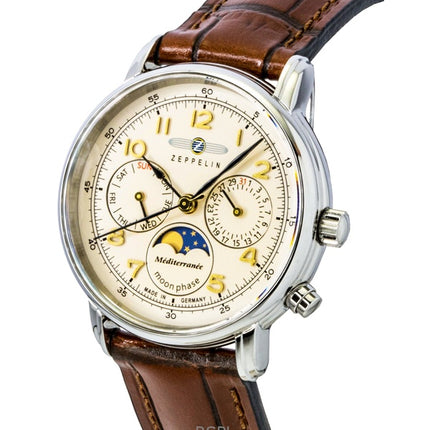 Orologio da uomo Zeppelin Mediterranee Moonphase con cinturino in pelle e quadrante champagne al quarzo 96375