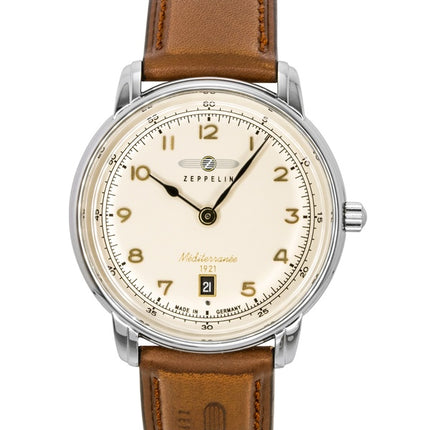 Orologio da uomo Zeppelin Mediterranean con cinturino in pelle, quadrante beige e movimento al quarzo, modello 96405.