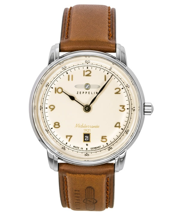 Orologio da uomo Zeppelin Mediterranean con cinturino in pelle, quadrante beige e movimento al quarzo, modello 96405.