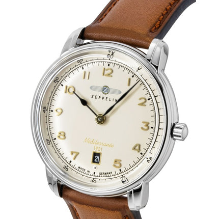 Orologio da uomo Zeppelin Mediterranean con cinturino in pelle, quadrante beige e movimento al quarzo, modello 96405.