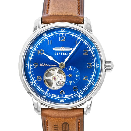 Orologio da uomo Zeppelin Mediterranean con cinturino in pelle, quadrante blu e movimento automatico, modello 96663.