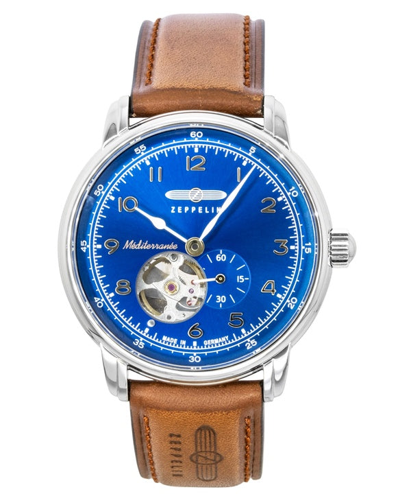 Orologio da uomo Zeppelin Mediterranean con cinturino in pelle, quadrante blu e movimento automatico, modello 96663.