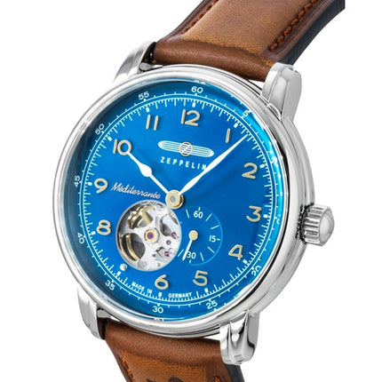 Orologio da uomo Zeppelin Mediterranean con cinturino in pelle, quadrante blu e movimento automatico, modello 96663.