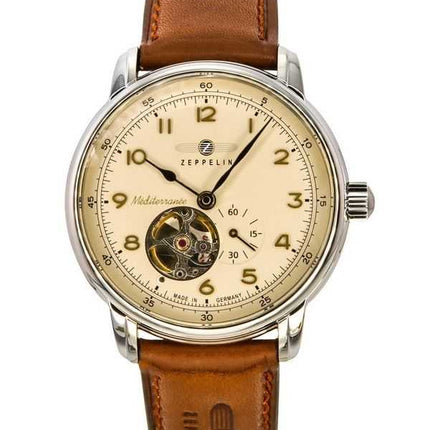 Orologio da uomo automatico 96665 con cinturino in pelle Zeppelin Mediterranee a cuore aperto quadrante beige