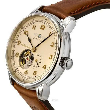 Orologio da uomo automatico 96665 con cinturino in pelle Zeppelin Mediterranee a cuore aperto quadrante beige