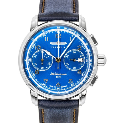Orologio da uomo Zeppelin Mediterranee Chronograph con cinturino in pelle e quadrante blu, movimento al quarzo, modello 96703
