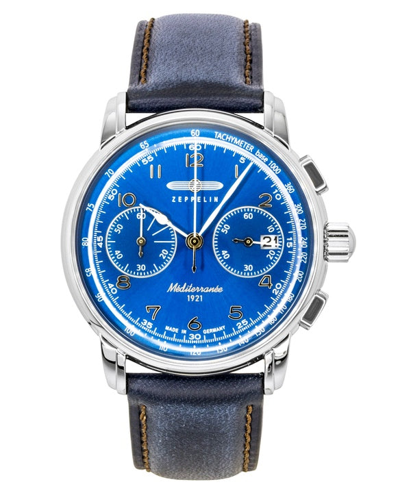 Orologio da uomo Zeppelin Mediterranee Chronograph con cinturino in pelle e quadrante blu, movimento al quarzo, modello 96703