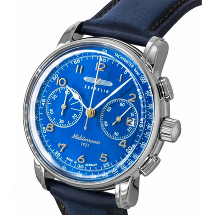 Orologio da uomo Zeppelin Mediterranee Chronograph con cinturino in pelle e quadrante blu, movimento al quarzo, modello 96703