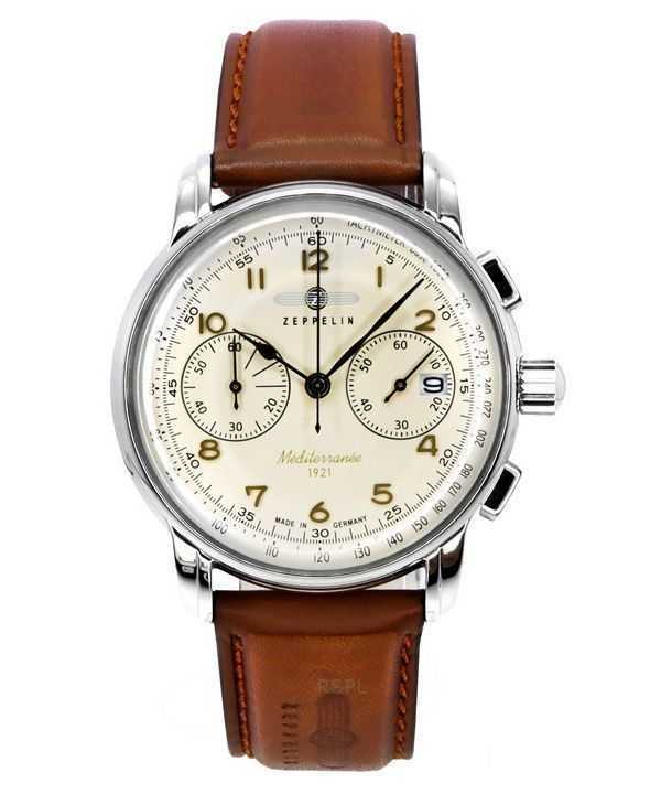 Zeppelin Mediterranee Cronografo Cinturino in Pelle Quadrante Beige Quarzo 96705 Orologio da Uomo