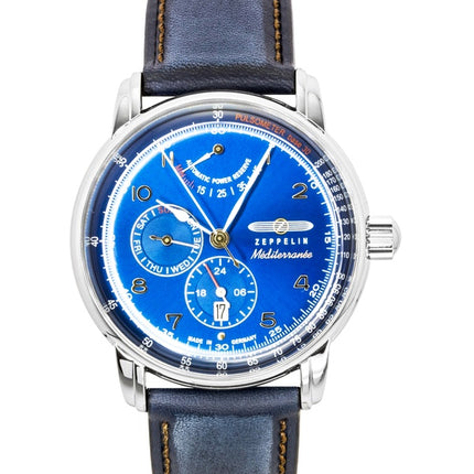 Orologio da uomo Zeppelin Mediterranee con cinturino in pelle e quadrante blu, automatico, modello 96903