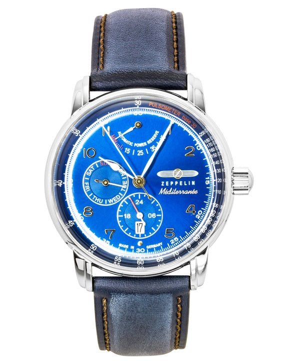 Orologio da uomo Zeppelin Mediterranee con cinturino in pelle e quadrante blu, automatico, modello 96903