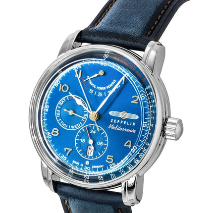 Orologio da uomo Zeppelin Mediterranee con cinturino in pelle e quadrante blu, automatico, modello 96903